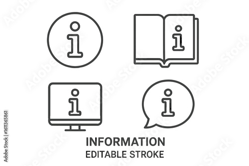 Information line icon set. Help, support, and guide symbols. FAQ, manual, and user assistance thin line vector icons for UI, UX, web design, and apps. Editable stroke.