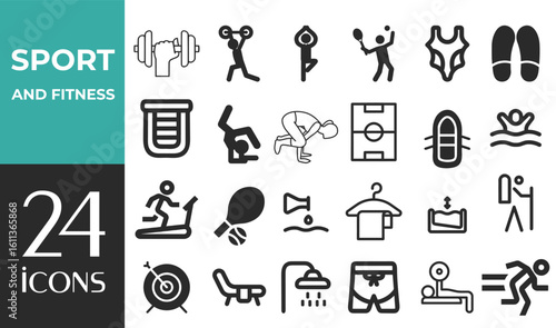 Sport and Fitness set of web icons in line style. Gym and fitness icons for web and mobile app. Healthy lifestyle, exercise, diet, nutrition, weight training, body care, workout.