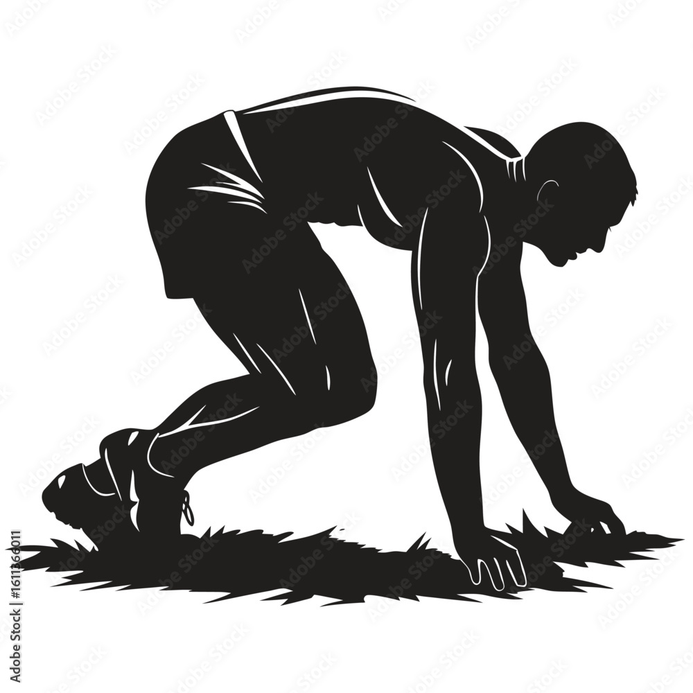 Fototapeta premium Silhouette of a Runner in Starting Position Ready to Sprint at the Starting Line