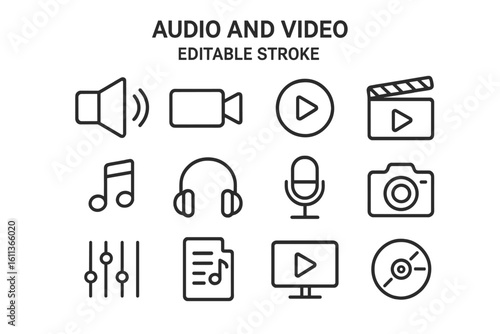Audio and video multimedia icons set. Flat linear outline style vector graphics for websites, apps, UI design. Music, sound, recording, playback symbols collection