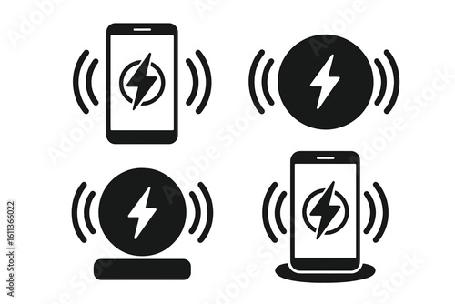 Wireless charging icons set. Smartphone with inductive charger and Qi pad symbol. Battery charge concept, flat black silhouette vector illustration on transparent background