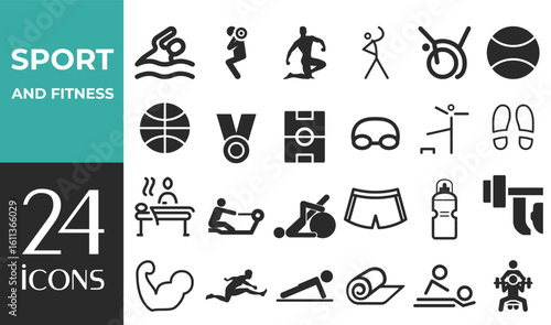 Sport and Fitness set of web icons in line style. Gym and fitness icons for web and mobile app. Healthy lifestyle, exercise, diet, nutrition, weight training, body care, workout.
