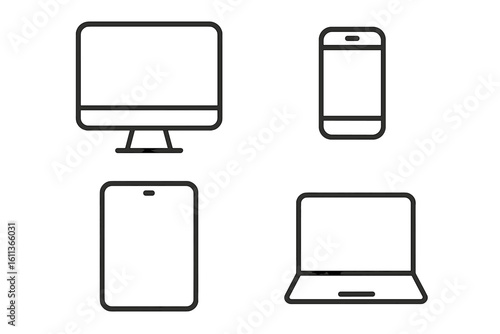 Device line icon set. Computer monitor, laptop, tablet, and smartphone symbols. Vector outline pictogram collection for web, mobile app, and responsive design. Technology.