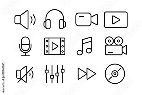 Media player interface icon set. Thin line vector symbols for audio and video. Sound, music, movie, record, play button elements. Editable outline pictogram collection.