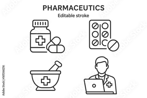 Pharmaceutics linear icons set. Editable stroke symbols. Pharmacy and healthcare concept. Pill bottle, blister pack, mortar and pestle, online pharmacist vector graphics.