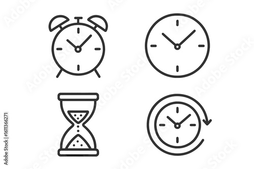 Time clock icons set vector flat linear style alarm hourglass timer cycle web application UI UX design elements symbols collection outline minimal modern graphics