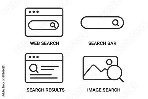 Web search icon set. Thin line vector icons for UI UX design. Includes search bar, results page, image search. Editable outline symbols for website and mobile application.