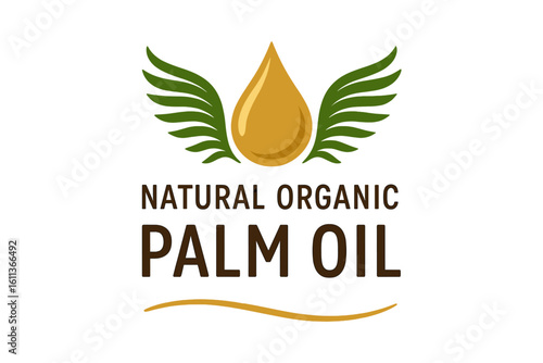 Natural organic palm oil logo. Drop with green leaf wings emblem. Healthy food product icon. Eco friendly bio symbol for packaging label. Vector illustration isolated.