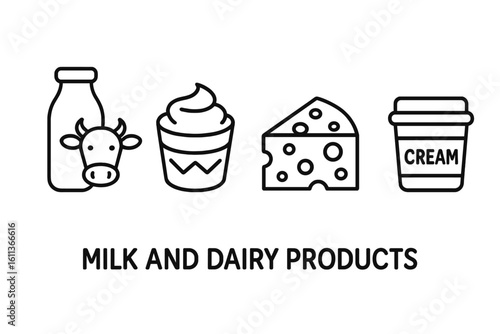 Milk and dairy products icon set in linear style. Natural cow's milk, fermented food, cheese, cream, sour cream. Farm fresh concept. Outline vector symbol collection.
