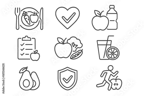 Healthy lifestyle line icon set. Nutrition, diet, and fitness outline icons. Includes apple, vegetables, running, and heart symbols. Vector pictogram collection for wellness.