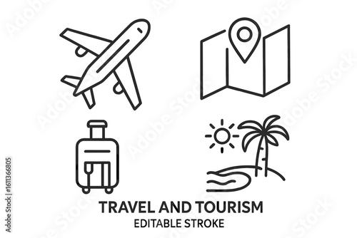Travel tourism line icons set vector. Airplane luggage map location beach palm vacation symbols. Linear style UI elements web design applications editable stroke