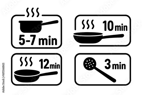 Cooking time instructions icon set for food packaging. Vector symbols for boiling, frying time. Pan, pot, skimmer icons. Food preparation guide for products. Flat vector.