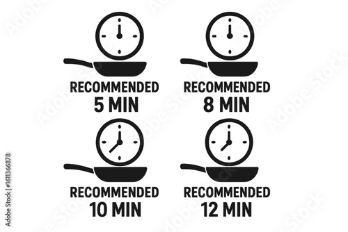 Cooking time instructions icon set. Recommended preparation time for food packaging. Pan with clock timer symbol. Vector icons for frying. 5, 8, 10, 12 minutes label.