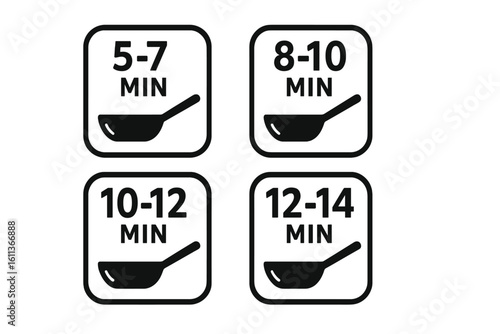 Cooking time icon set for food packaging. Pan with timer symbol for pasta preparation instructions. Vector label collection for product package. Ready meal food info graphic.