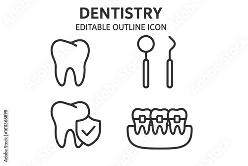 Dentistry dental care icons set. Tooth braces orthodontics oral health medical vector. Linear outline dental tools equipment clinic hygiene treatment symbols