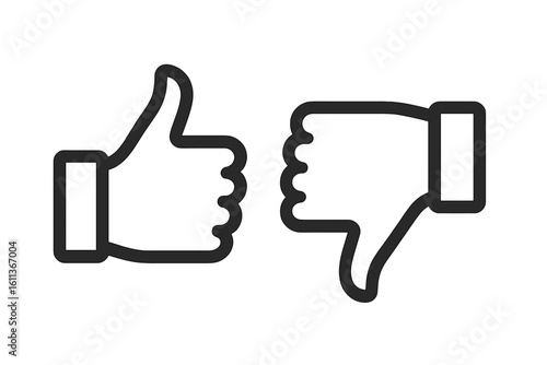 Thumb up and thumb down line icons set. Like and dislike symbols for feedback. Yes and no button for review or rating. Approval and disapproval vector sign illustration.