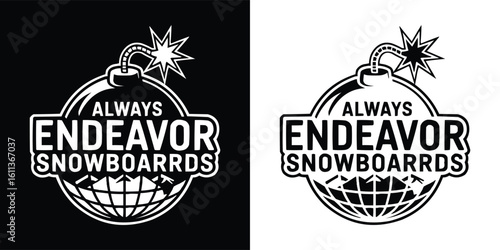 Black and white t shirt design with Always Endeavor Snowboards badge featuring exploding bomb, mountain, and globe for snowboard lifestyle branding
