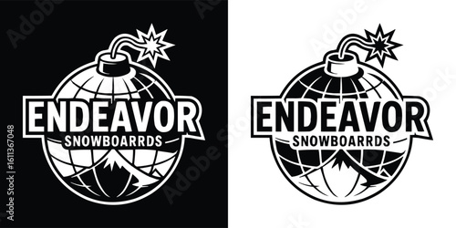Bold monochrome t shirt design featuring Endeavor Snowboards emblem with globe, mountain, and bomb fuse for extreme winter sports branding