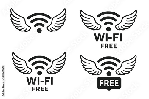 Free wifi zone icon set. Wireless internet connection symbol with wings. Public network hotspot signal for internet access. Mobile data communication vector illustration.