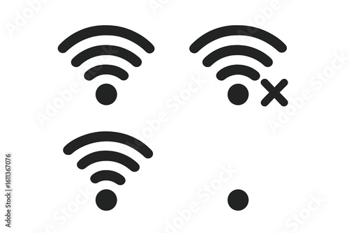 Wifi icon set with different signal strength levels. Wireless internet connection status symbols. No signal, offline or disconnected error sign. Vector pictogram for web UI.