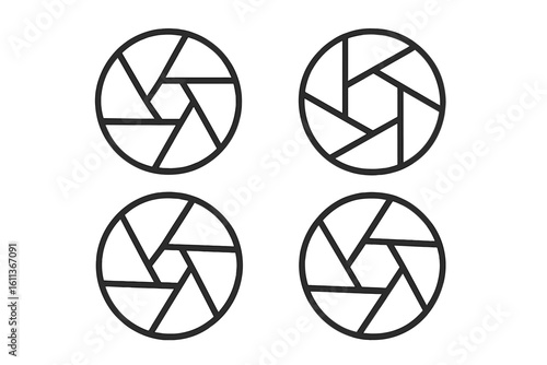 Camera shutter aperture icons set. Photography lens diaphragm symbols. Flat outline vector collection. Linear photo equipment elements. Black silhouette graphic design