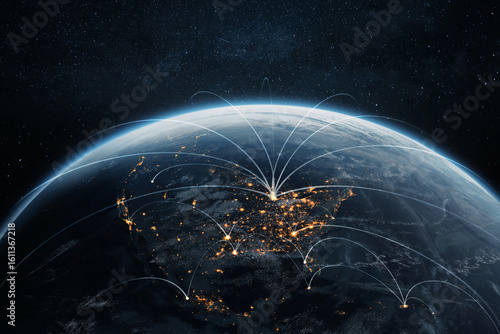 Fototapeta Naklejka Na Ścianę i Meble -  Night planet earth Americas countries with light lines of communication and connection. Business and finance, concept.  Global communications system and the World Wide Web. Technologies