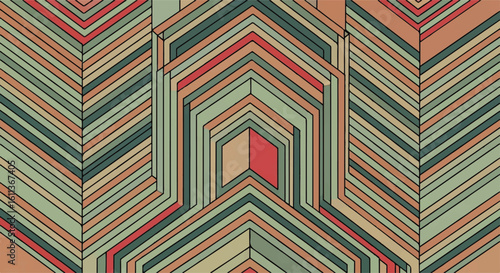 Abstract geometric pattern with layered, receding shapes in muted earth tones, creating a visually complex and symmetrical design.