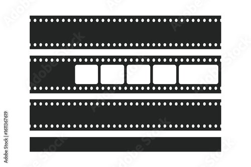 Vintage photographic film strips collection. Retro cinema movie filmstrip frames. Classic 35mm analog photography negatives. Vector illustration design elements set