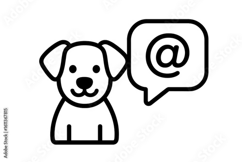 Dog mascot email contact icon vector. Pet communication symbol @ sign speech bubble. Customer service animal character. Internet correspondence cute puppy outline