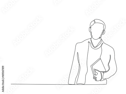 Young man holding books in single outline illustration. Continuous line art drawing of student holding books.