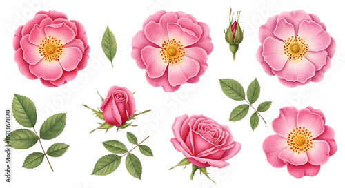 Fototapeta Naklejka Na Ścianę i Meble -  Elegant pink rose floral elements and green leaves Isolated on transparent background
