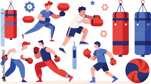 Five boxers training with punching bags and equipment in flat illustration style boxing sport