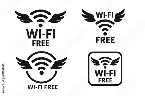 Wi-Fi free wireless network icons set with wings symbol. Public internet connection vector graphics. Free wireless hotspot concept design elements for signage apps