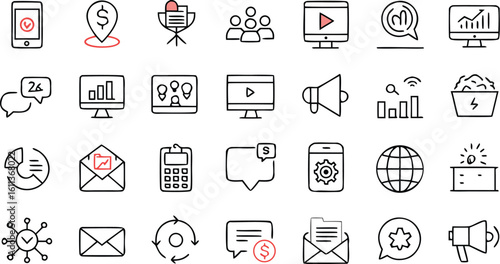 Hand drawn icons for business and marketing with red accents doodle