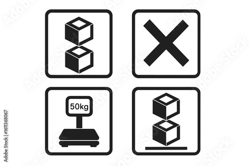 Stacking weight limit safety icons set. Box package restrictions symbols. Warehouse logistics guidelines. No stacking prohibition signs. 50kg maximum load capacity warnings