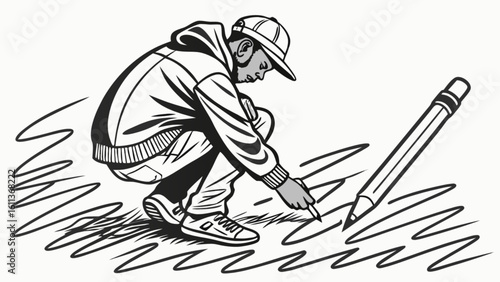 Illustration of a young man drawing with a pencil on the ground art design creative doodle sketch vector