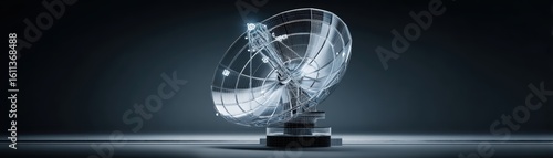 A futuristic, metallic satellite dish antenna with a complex frame stands illuminated on a reflective surface against a dark, gradient background, Futuristic transparent mesh wrapping a satellite