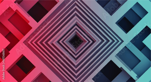 Abstract geometric design featuring concentric squares receding into the center, with a gradient from red to blue.