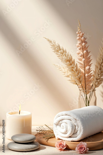 composition of spa essentials including white towel, aromatherapy candle, dried flowers, and massage stones on neutral linen background for wellness, relaxation, and beauty advertising