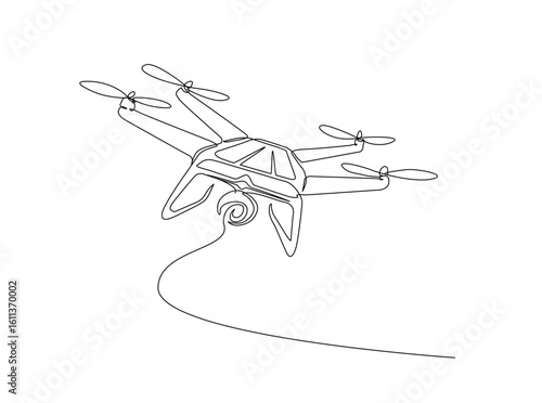 Flying drone aircraft in single outline illustration. Continuous line art drawing of drone fly.