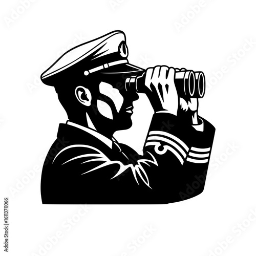 Ship captain in uniform and hat looking through binoculars. A black and white graphic illustration for maritime concepts.