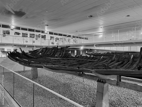 Rome, Italy - July 25, 2025, view of some Roman ships The Museum of Roman Ships in the archaeological museum, managed by the Archaeological Park of Ancient Ostia, located near Rome-Fiumicino airport.