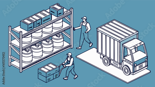 Warehouse logistics and distribution services with workers moving boxes and barrels to delivery truck