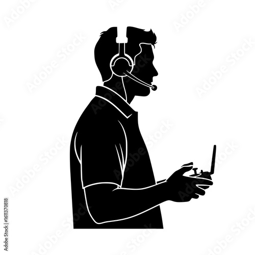 Vector silhouette of a drone pilot wearing a headset and holding a remote controller. Concept of unmanned flight and aerial technology.