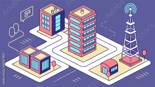 Isometric city illustration with buildings communication tower and streets for urban planning design concept