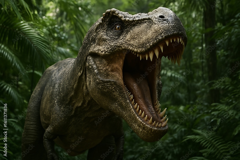 Fototapeta premium Roaring Tyrannosaurus rex close-up in Cretaceous jungle