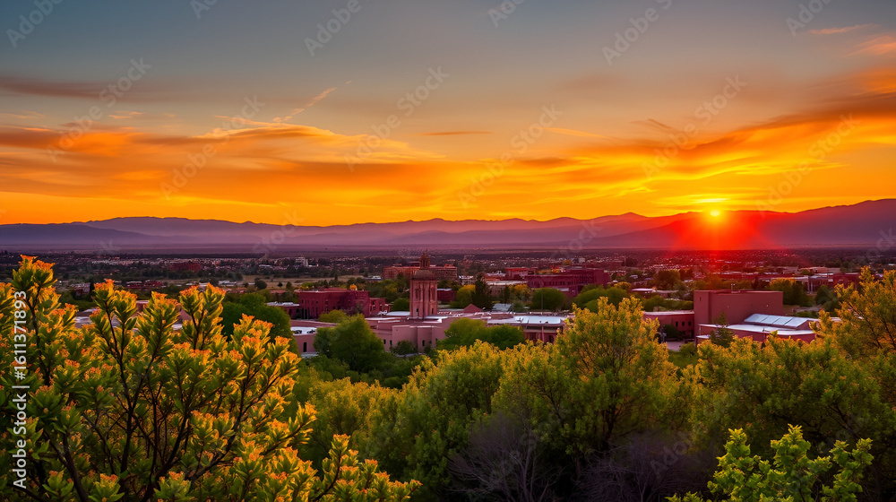 Fototapeta premium Sunset in Santa Fe, New Mexico skyline with golden hour light on green foliage summer plants and cityscape buildings with mountains silhouette