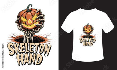 Spooky halloween skeleton hand emerging from a hole with a jack o lantern head