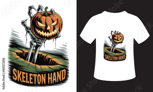 Spooky halloween skeleton hand emerging from ground with pumpkin head