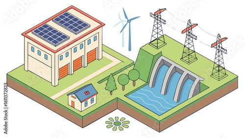Renewable energy sources illustration showing solar wind hydroelectric power generation and distribution grid